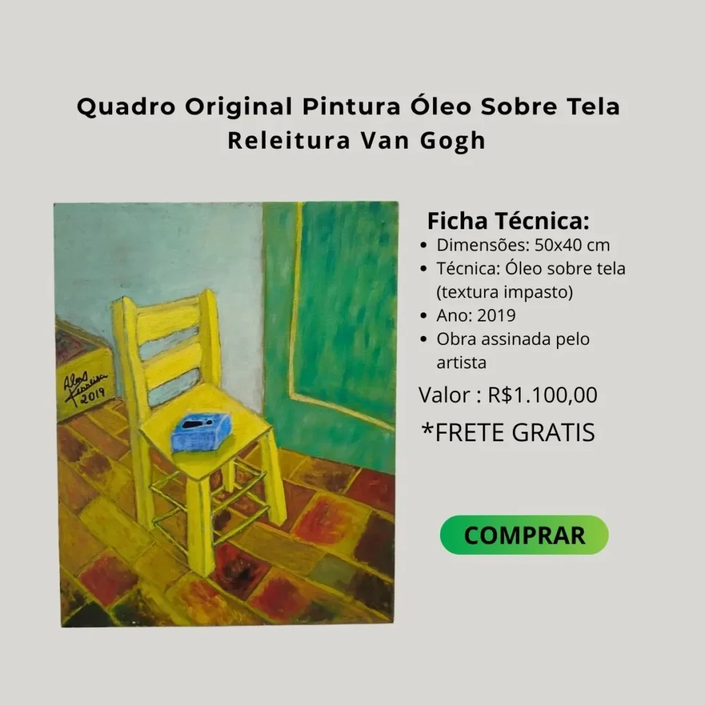 Anúncio de quadro original com pintura a óleo sobre tela, apresentando uma releitura da obra de Van Gogh com uma cadeira amarela e textura impasto.