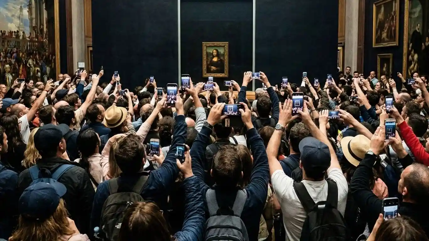 Grande multidão de turistas de costas levantando celulares para fotografar o quadro da Mona Lisa no Museu do Louvre.