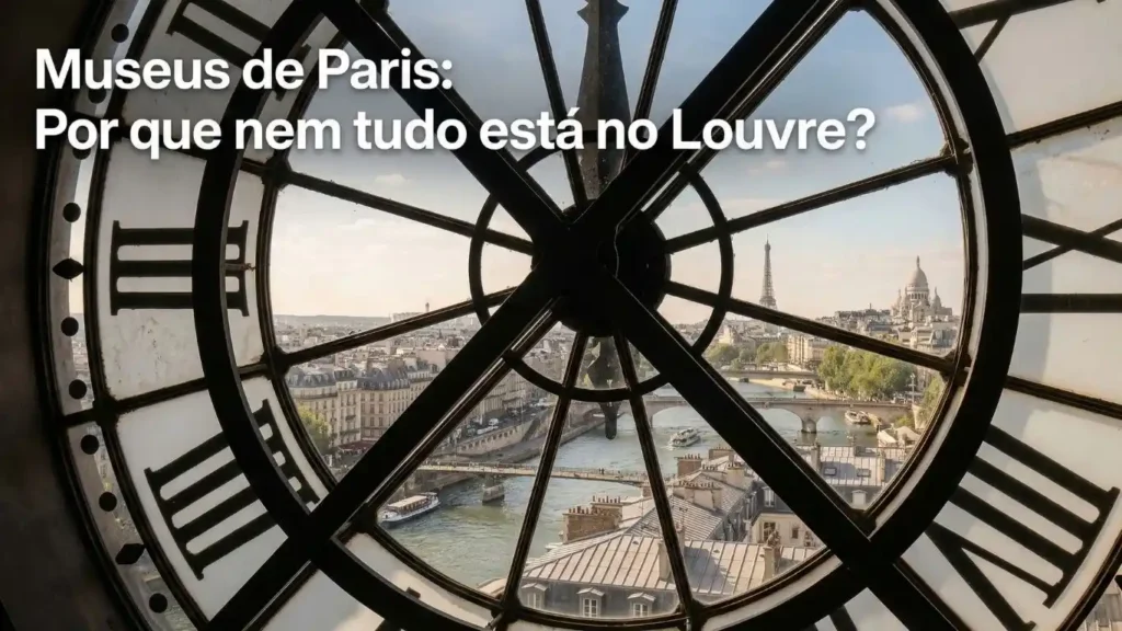Vista panorâmica da cidade de Paris através do relógio monumental de vidro do Museu d'Orsay com título do post.