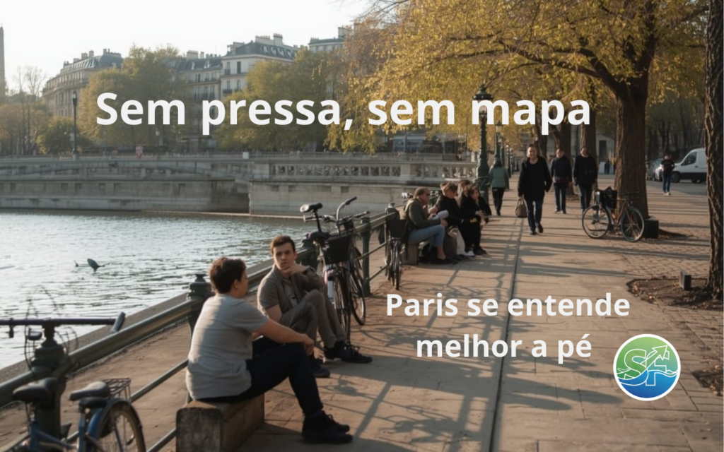 Os Segredos do Rio Sena: As Histórias que Fizeram Paris 4 Caminhada tranquila às margens do Rio Sena em Paris com pessoas sentadas observando o rio