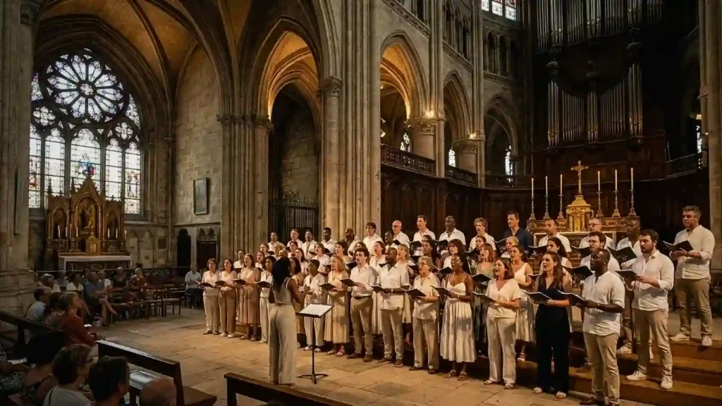 Regente conduzindo um grande coral misto vestido de branco e preto dentro de uma catedral gótica imponente com vitrais de rosácea e órgão histórico durante uma apresentação de verão.