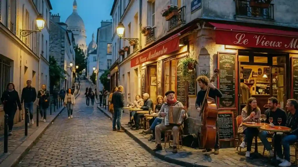 Rua de paralelepípedos de Montmartre ao anoitecer com a Basílica de Sacré-Cœur ao fundo e músicos de rua tocando jazz acústico em frente a um café com toldo vermelho.