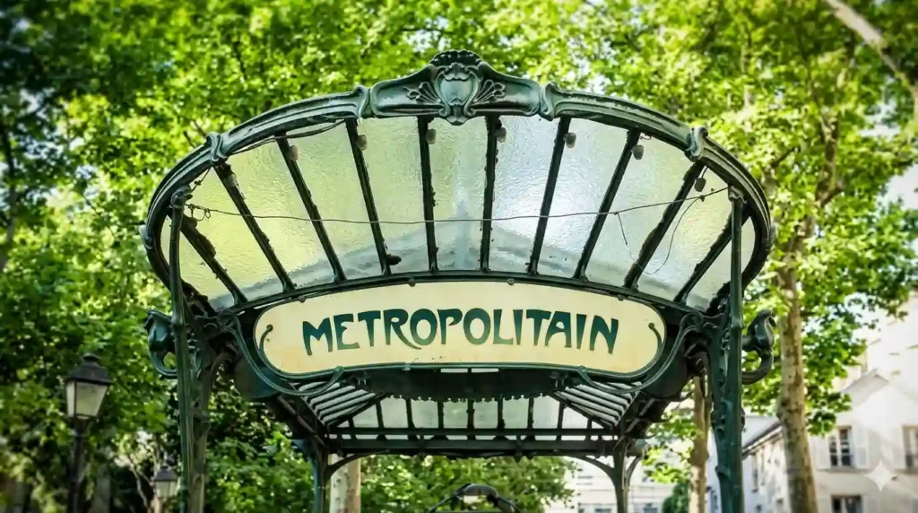Entrada de metrô em estilo Art Nouveau projetada por Hector Guimard em Paris, com ferro forjado verde e letreiro Metropolitain.