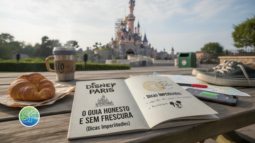 Guia de viagem Disney Paris sobre mesa de madeira com croissant e café, tendo o castelo ao fundo.