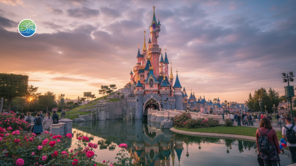 Castelo da Bela Adormecida na Disney Paris durante o pôr do sol refletido no lago.