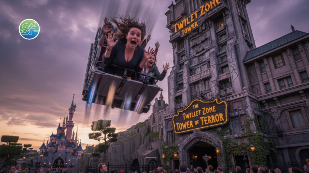 Pessoas gritando de emoção na torre do terror na Disney Paris com castelo ao fundo.