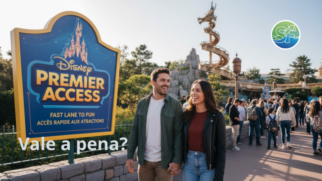 A cheerful couple stands next to the Disney Premier Access sign in Disneyland Paris, with the big, twisted coaster track from Indiana Jones: Temple of Peril visible in the background.