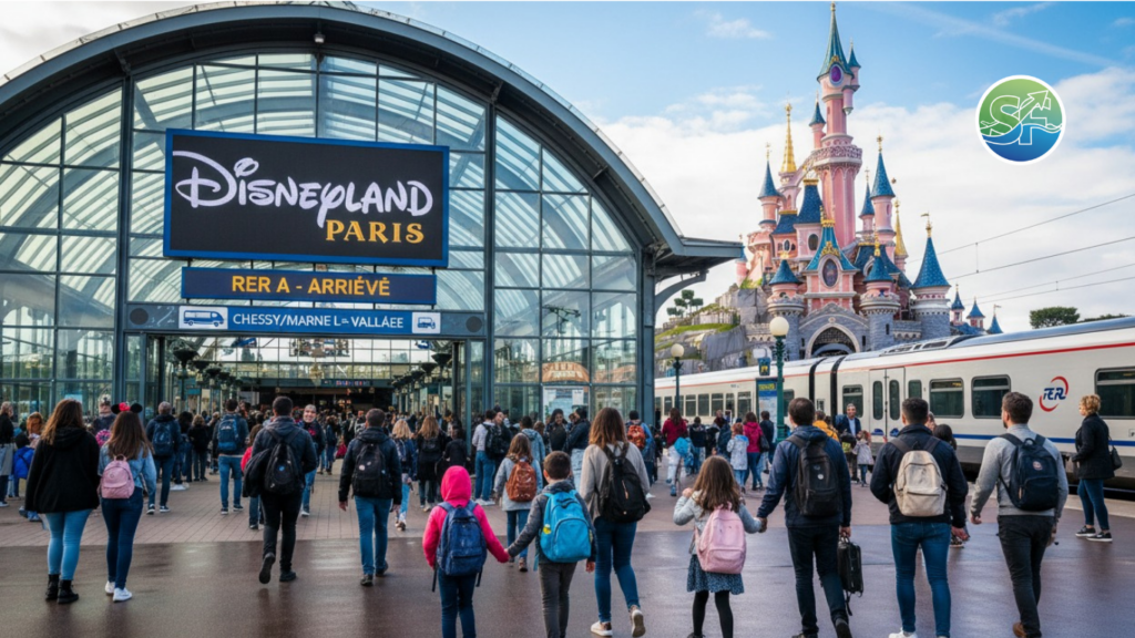 Multidão de turistas chegando à estação de trem RER A Marne-la-Vallée Chessy na Disney Paris.