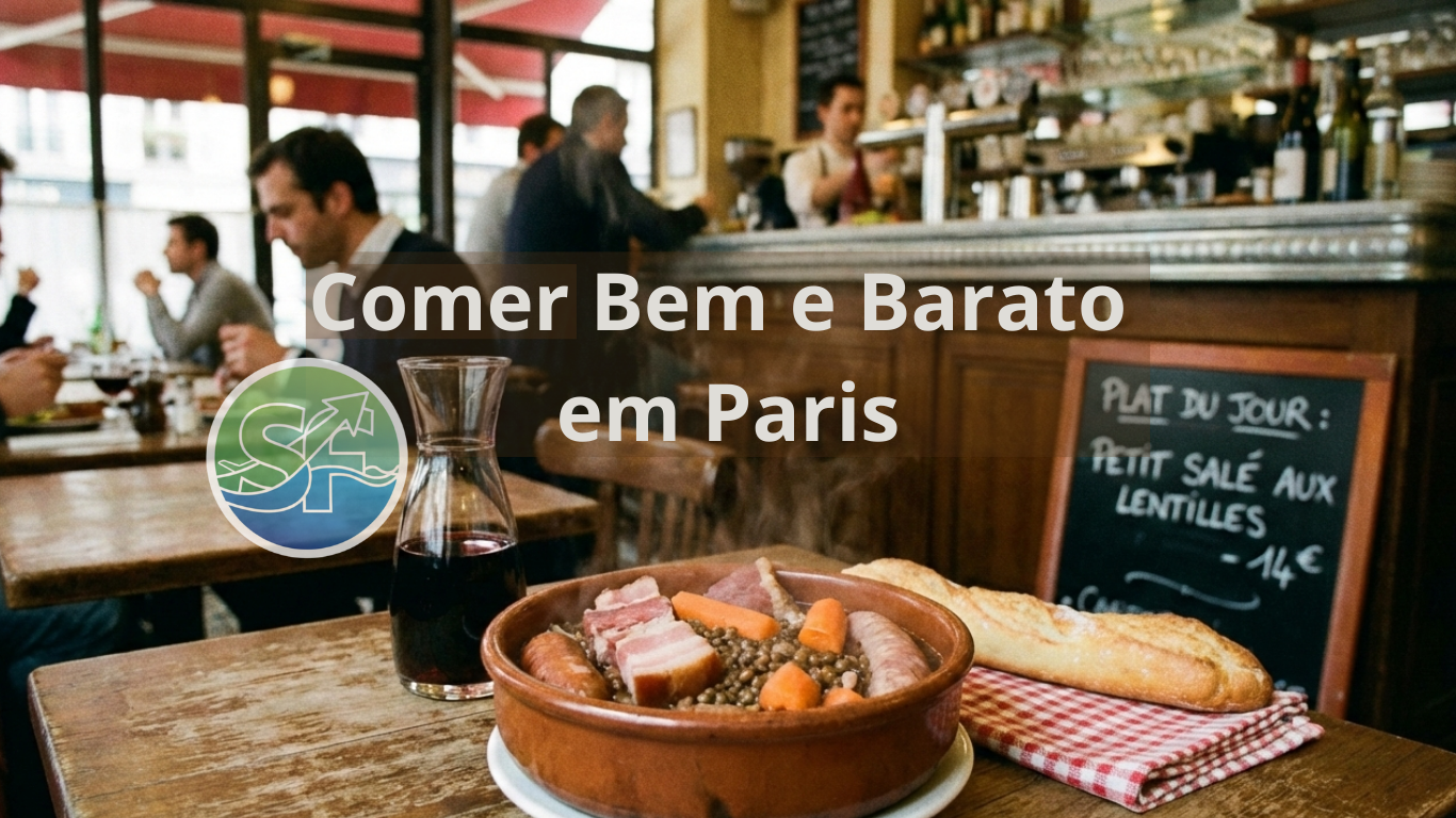 Uma fotografia do interior de um bistrô clássico em Paris. Em primeiro plano, sobre uma mesa de madeira, destaca-se uma tigela de barro com lentilhas, linguiça e carne de porco, acompanhada de uma jarra de vinho tinto e pães. No centro da imagem, há o texto em branco "Comer Bem e Barato em Paris" e um logotipo circular no canto esquerdo. Ao fundo, clientes e um balcão de bar completam a cena.