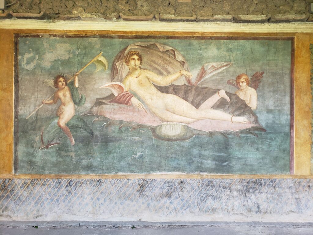 Afresco romano original da Vênus na Concha na Casa da Vênus em Pompeia, Itália.
