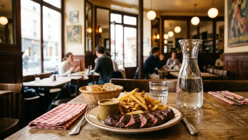 A rustic wooden table in a traditional Parisian bistro featuring a plate of medium-rare steak frites, a basket of baguette, and a clear glass carafe of tap water, illustrating affordable dining in Paris.