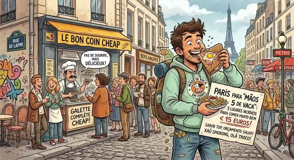 Ilustração em estilo de quadrinhos de um mochileiro sorridente comendo um crepe em uma rua de Paris, com a Torre Eiffel ao fundo e uma fila de pessoas em frente ao restaurante "Le Bon Coin Cheap".