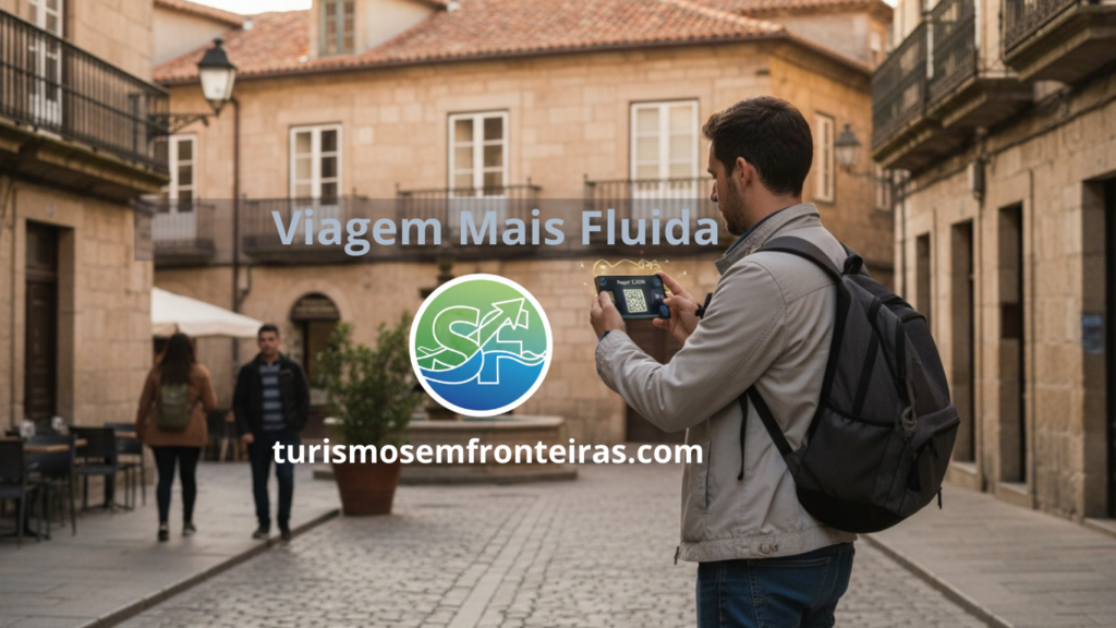 Turista de mochila em uma rua histórica da Europa utilizando um smartphone para realizar um pagamento via QR Code ou aplicativo. Ao centro, o logotipo do Turismo Sem Fronteiras e o texto "Viagem Mais Fluida", destacando a praticidade tecnológica em 2026.