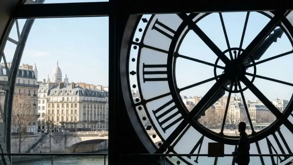 A silhouette of a contemplative visitor at the Musée d’Orsay, gazing through the historic station clock at the Parisian skyline and the Sacré-Cœur Basilica.