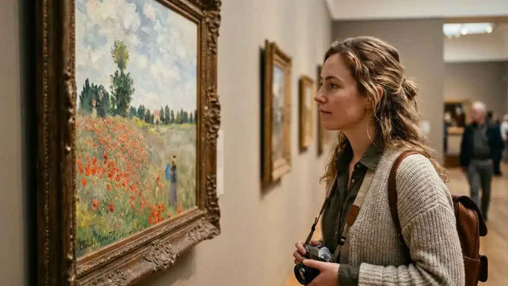 Turista com câmera fotográfica observando a tela impressionista 'Campo de Papoulas' de Claude Monet no Museu D'Orsay, destacando a moldura clássica e a profundidade da galeria.