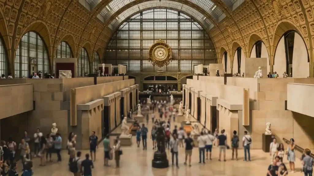 Vista panorâmica do salão principal do Museu D'Orsay em Paris, destacando o icônico relógio dourado e a arquitetura de vidro e metal da antiga estação ferroviária Gare d'Orsay com visitantes.
