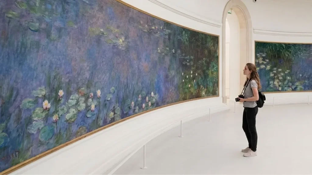Alone traveller contemplating Claude Monet’s expansive Water Lilies paintings in a curved white gallery at Musée de l’Orangerie.