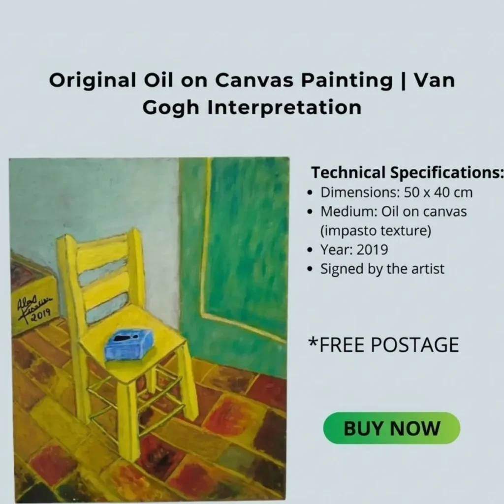 An original oil on canvas painting featuring a yellow chair in a vibrant Van Gogh interpretation style, displayed alongside technical specifications including dimensions and impasto technique.