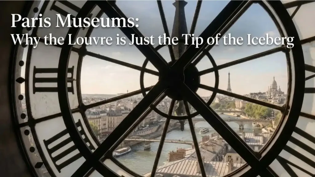 The Eiffel Tower and Sacré-Cœur framed by the historic clock at Musée d’Orsay with English title overlay.