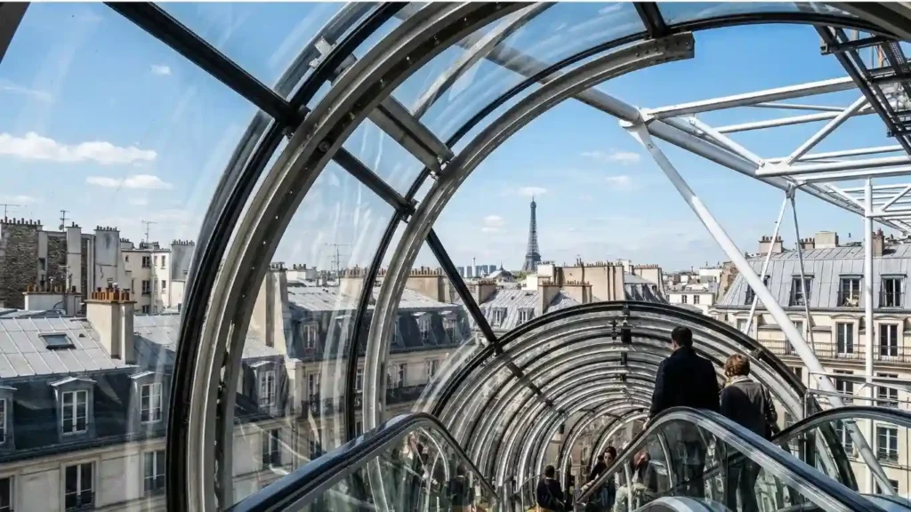 Visitors ascending the external glass-tube escalators of the Centre Pompidou with a panoramic view of the Eiffel Tower.