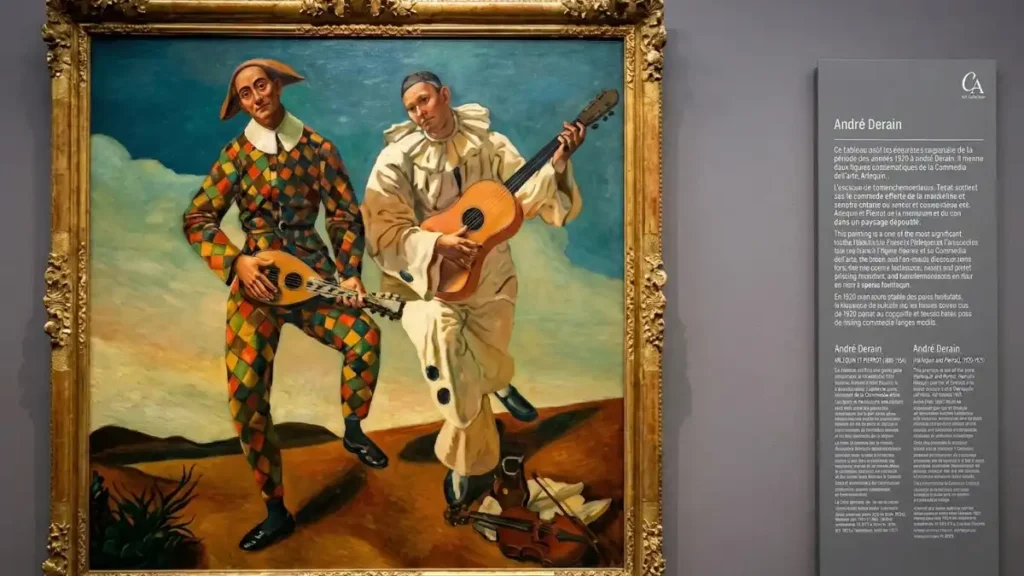 Oil painting Harlequin and Pierrot by Andre Derain in an ornate gold frame, hanging on a grey museum wall with an informational plaque next to it.