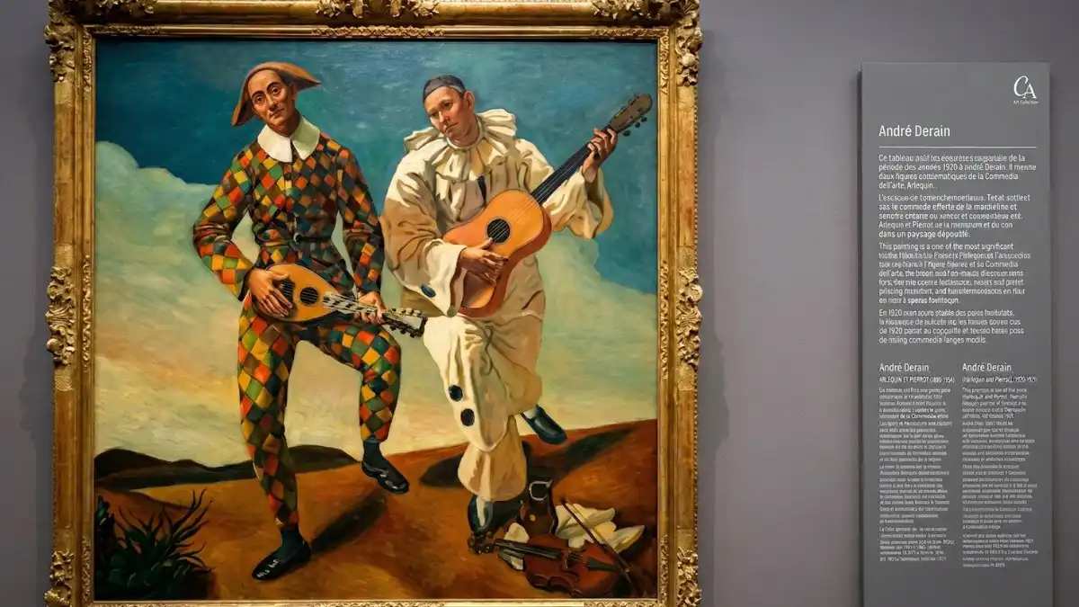 Pintura a óleo "Arlequim e Pierrot" de André Derain, em uma moldura dourada ornamentada, exibida em uma parede cinza no Museu de l'Orangerie. Ao lado, placa informativa com detalhes da obra.