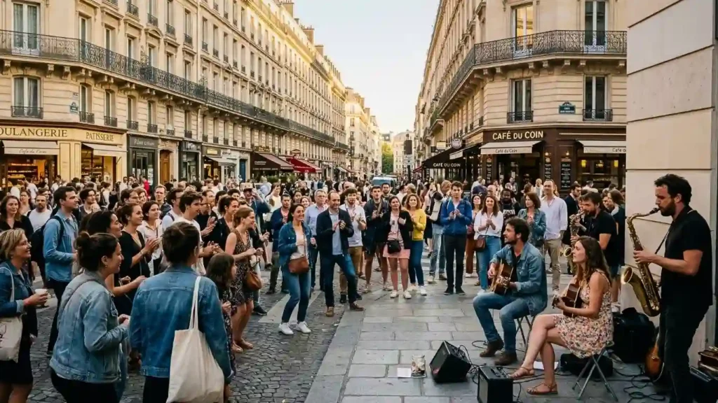 A live acoustic band performing to a large crowd on a cobbled Parisian street during the Fête de la Musique.