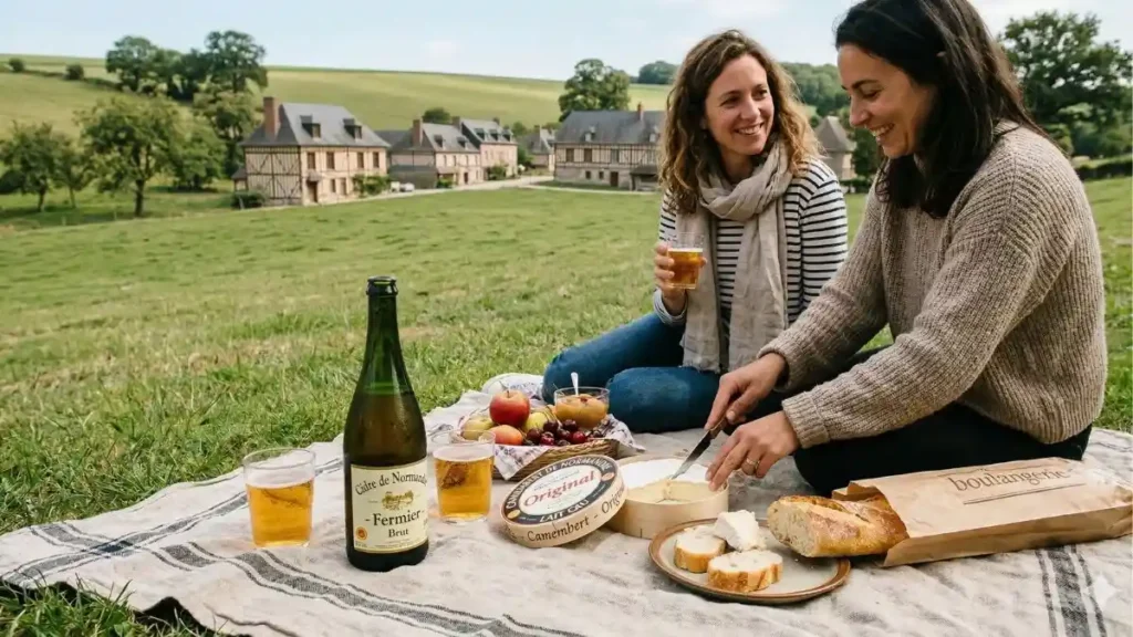 Duas mulheres sorridentes fazem um piquenique rústico em um gramado na zona rural da Normandia, França. Sobre a toalha, há uma garrafa de Cidre de Normandie, queijo Camembert, pão baguete e frutas, ilustrando a gastronomia local mencionada no texto sobre o centenário de Monet.