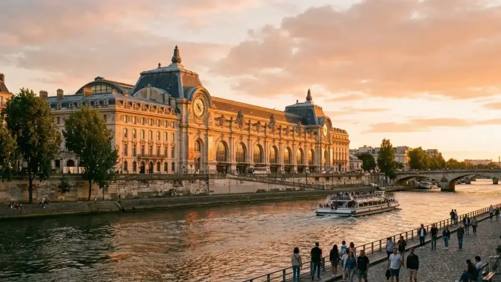 A sunset view of the monumental exterior of the Musée d’Orsay on the left bank of the River Seine in Paris. A Bateaux Mouche is on the water, and pedestrians are strolling on the paved quayside path.