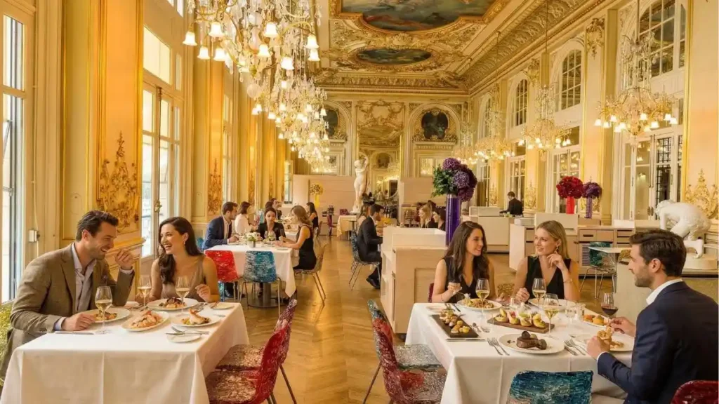 Restaurante de luxo no Museu D'Orsay com cadeiras modernas coloridas contrastando com o teto clássico dourado e lustres de cristal, com turistas almoçando.