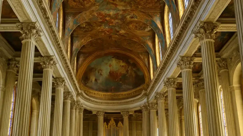 A detailed frontal perspective view looking down the long colonnaded nave of the Royal Chapel, Palace of Versailles, framed by fluted Corinthian columns. They lead the eye towards a massive, colourful vaulted ceiling fresco and a gilded pipe organ positioned below a grand coffered apse, all bathed in a uniform, warm golden light.