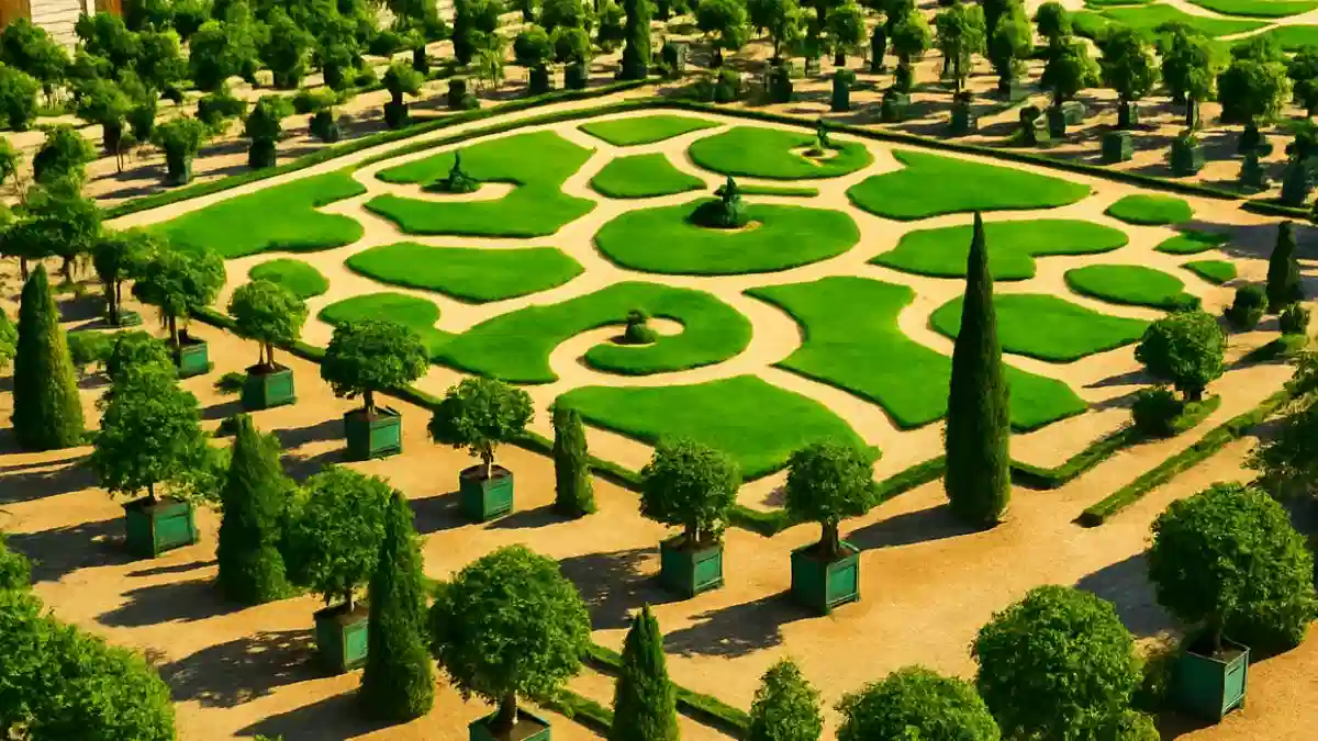 Vista aérea dos jardins geométricos e gramados perfeitamente podados no exterior do Palácio de Versalhes.