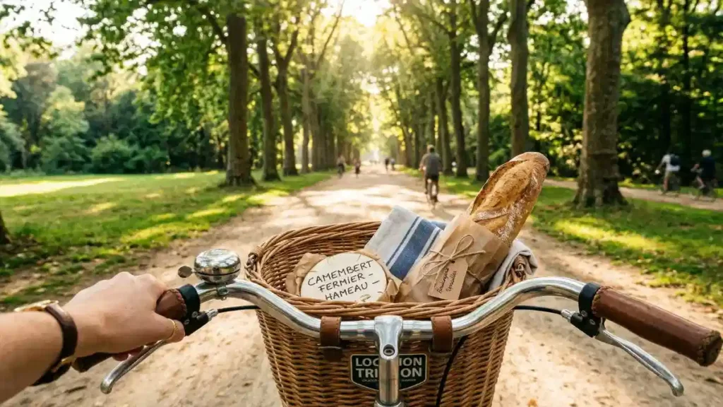 A first-person view of riding a vintage bicycle with a wicker basket holding a fresh baguette and Camembert cheese, cycling along a glorious, sunlit tree-lined avenue at the Versailles estate.