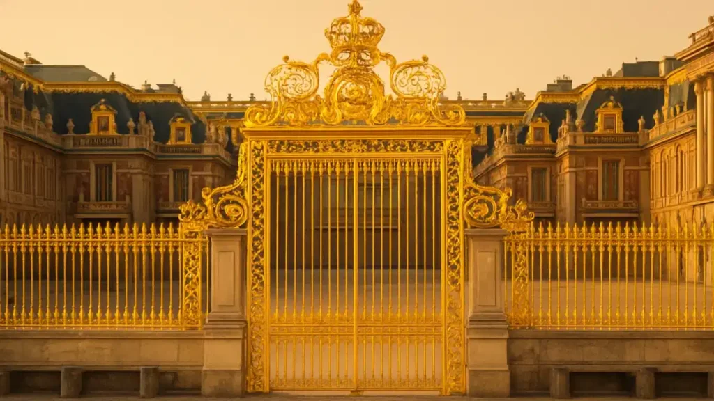 Fachada imponente e majestosos portões dourados do Palácio de Versalhes reluzindo sob o sol da manhã em Île-de-France.